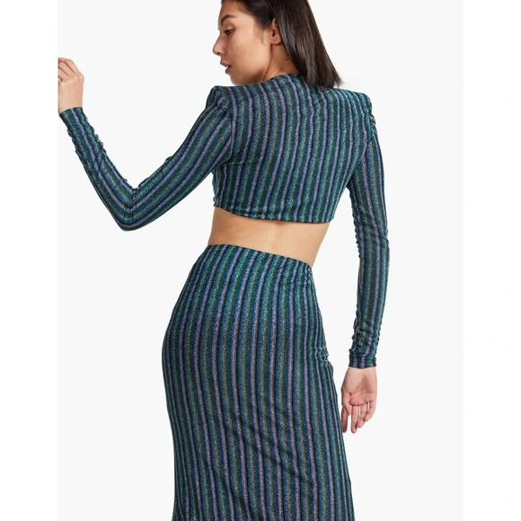 NWT $329 MISHA Despina Metallic Striped Cut-Out Midi Dress - Picture 3 of 9